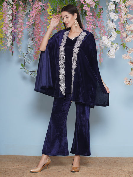 Navy Blue Velvet Embroidered Cape with inner and Bellbottom-WRKS205