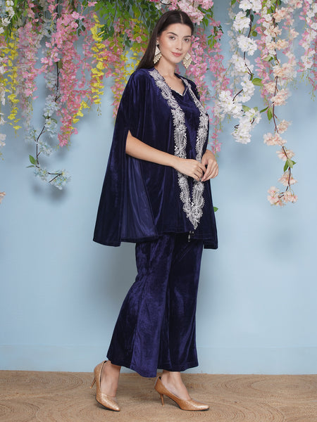 Navy Blue Velvet Embroidered Cape with inner and Bellbottom-WRKS205