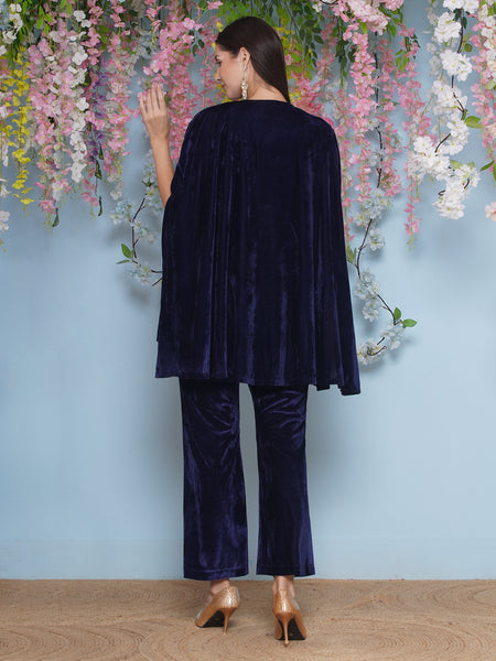 Navy Blue Velvet Embroidered Cape with inner and Bellbottom-WRKS205