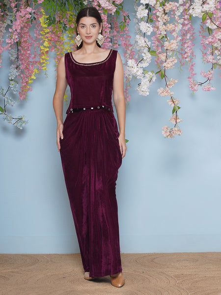 Wine Velvet Hand Embellished Jacket with Skirt and Inner-WRKS206
