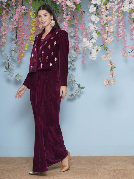 Wine Velvet Hand Embellished Jacket with Skirt and Inner-WRKS206