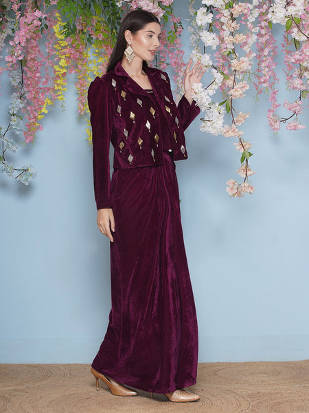 Wine Velvet Hand Embellished Jacket with Skirt and Inner-WRKS206