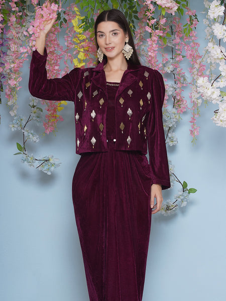 Wine Velvet Hand Embellished Jacket with Skirt and Inner-WRKS206
