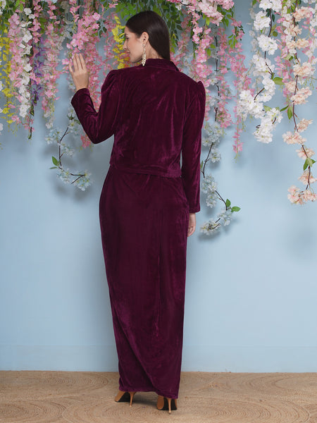 Wine Velvet Hand Embellished Jacket with Skirt and Inner-WRKS206