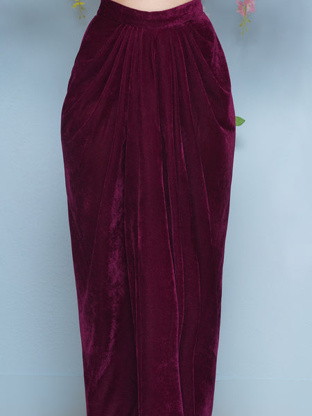 Wine Velvet Hand Embellished Jacket with Skirt and Inner-WRKS206