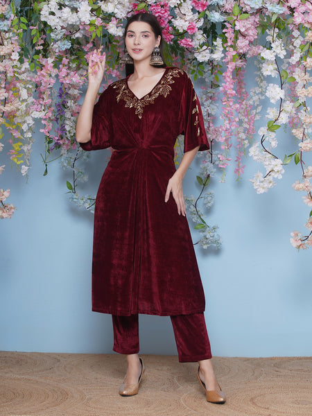 Maroon Velvet Hand EMbellished Set-WRKS209