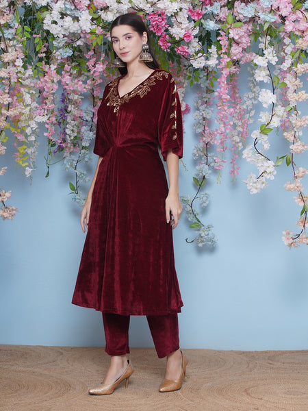 Maroon Velvet Hand EMbellished Set-WRKS209