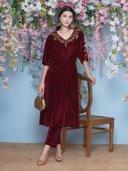 Maroon Velvet Hand EMbellished Set-WRKS209