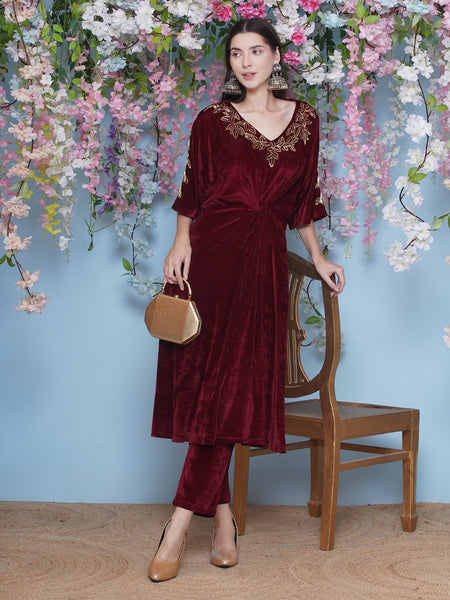 Maroon Velvet Hand EMbellished Set-WRKS209