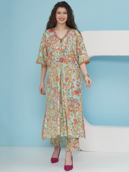 Sea Green Hand Embellished Printed Set-WRKS223