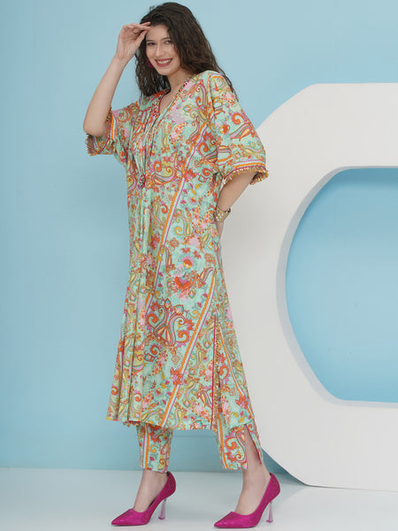 Sea Green Hand Embellished Printed Set-WRKS223