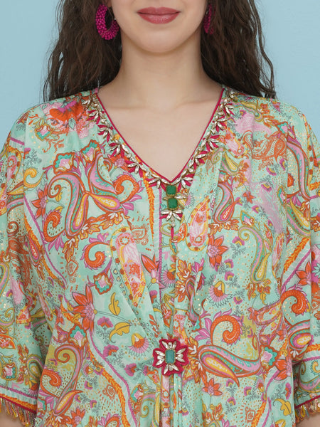 Sea Green Hand Embellished Printed Set-WRKS223