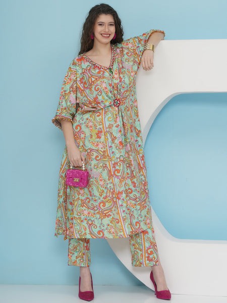 Sea Green Hand Embellished Printed Set-WRKS223
