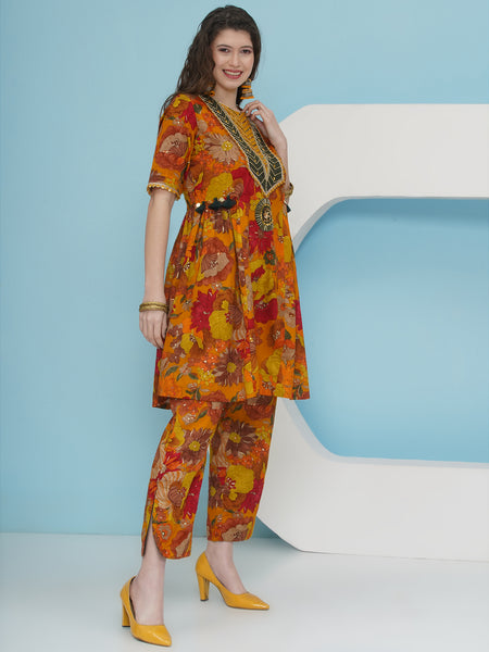 Mustard printed hand embellished Coord Set-WRKS225