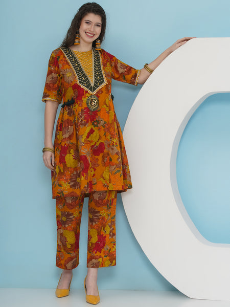 Mustard printed hand embellished Coord Set-WRKS225