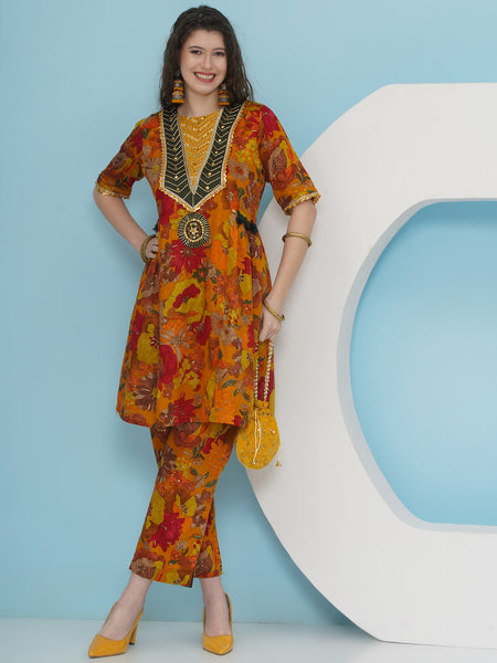 Mustard printed hand embellished Coord Set-WRKS225