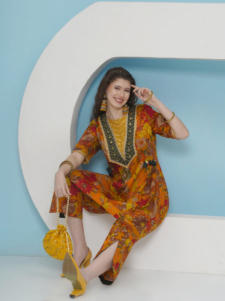 Mustard printed hand embellished Coord Set-WRKS225