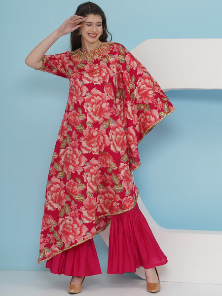 Pink Printed Hand embellished On side kaftaan with sharara-WRKS227