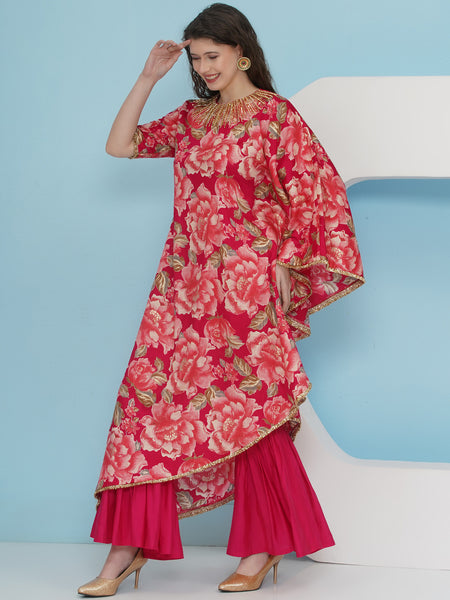 Pink Printed Hand embellished On side kaftaan with sharara-WRKS227