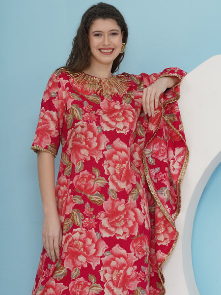 Pink Printed Hand embellished On side kaftaan with sharara-WRKS227