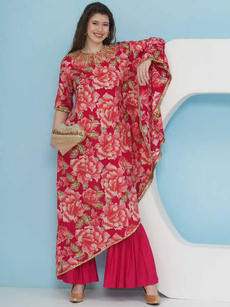 Pink Printed Hand embellished On side kaftaan with sharara-WRKS227