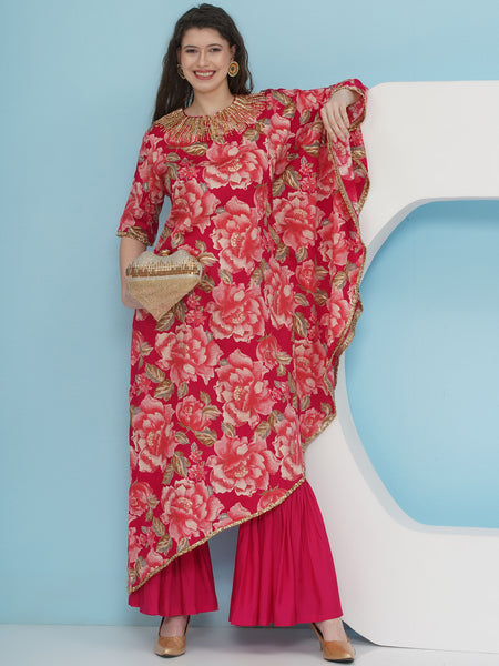 Pink Printed Hand embellished On side kaftaan with sharara-WRKS227