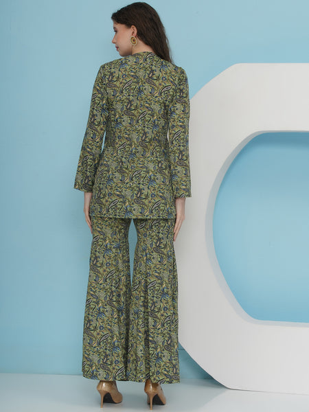 Green Printed Hand Embellished Blazer with Sharara Set-WRKS228