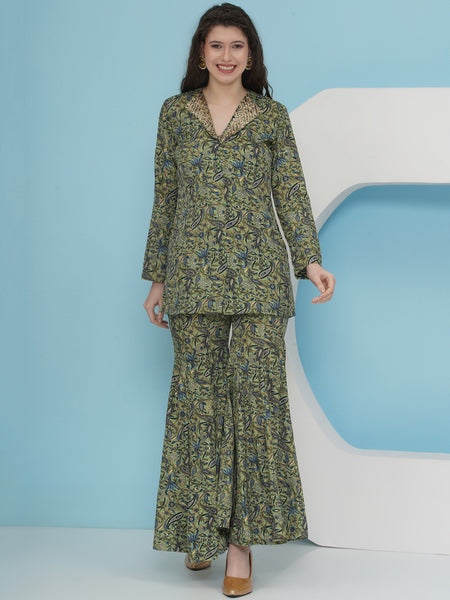 Green Printed Hand Embellished Blazer with Sharara Set-WRKS228