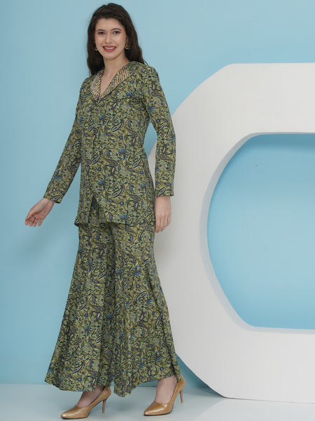 Green Printed Hand Embellished Blazer with Sharara Set-WRKS228
