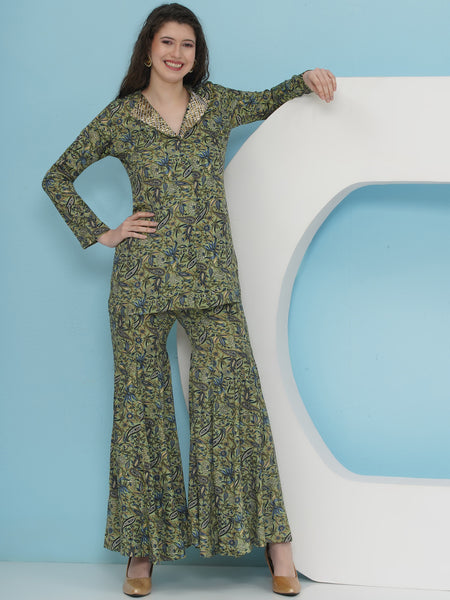 Green Printed Hand Embellished Blazer with Sharara Set-WRKS228
