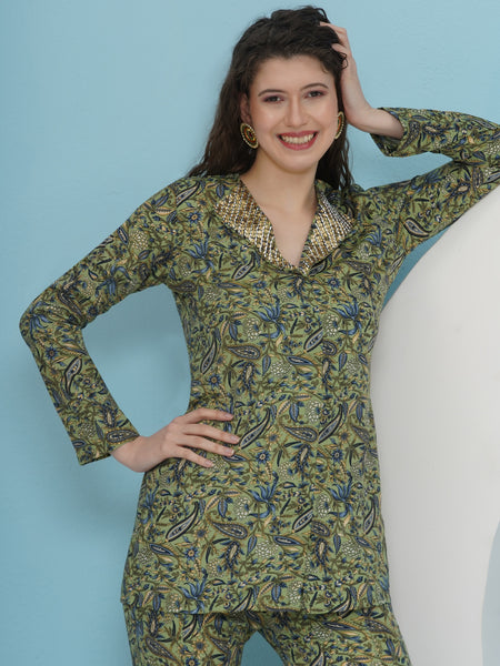 Green Printed Hand Embellished Blazer with Sharara Set-WRKS228