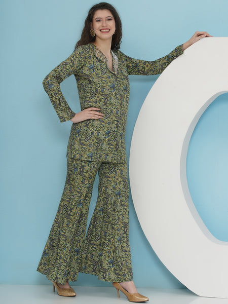 Green Printed Hand Embellished Blazer with Sharara Set-WRKS228