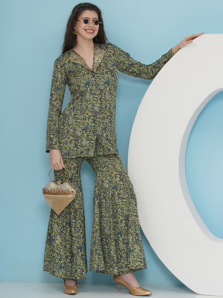 Green Printed Hand Embellished Blazer with Sharara Set-WRKS228