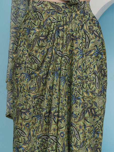Green Printed Crepe Drape with Embellished Top-WRKS229
