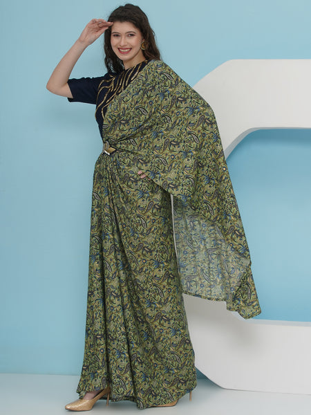 Green Printed Crepe Drape with Embellished Top-WRKS229