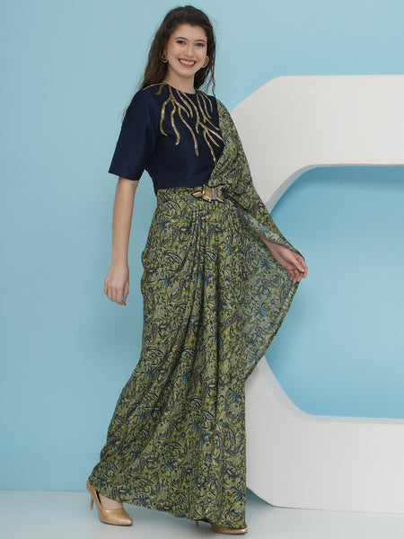 Green Printed Crepe Drape with Embellished Top-WRKS229