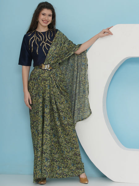 Green Printed Crepe Drape with Embellished Top-WRKS229