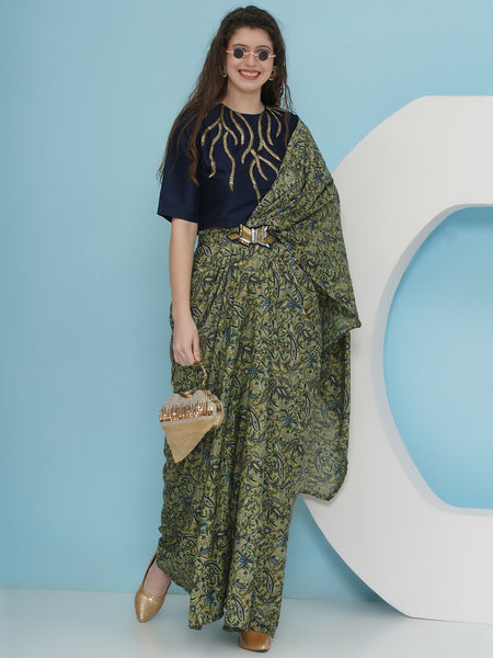 Green Printed Crepe Drape with Embellished Top-WRKS229