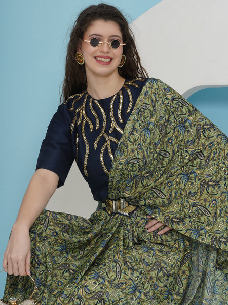Green Printed Crepe Drape with Embellished Top-WRKS229