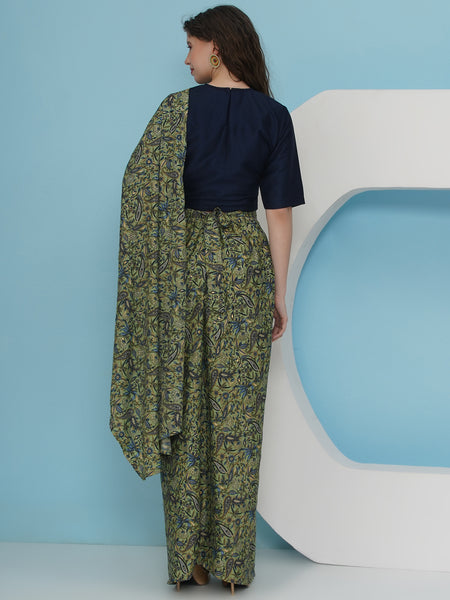 Green Printed Crepe Drape with Embellished Top-WRKS229