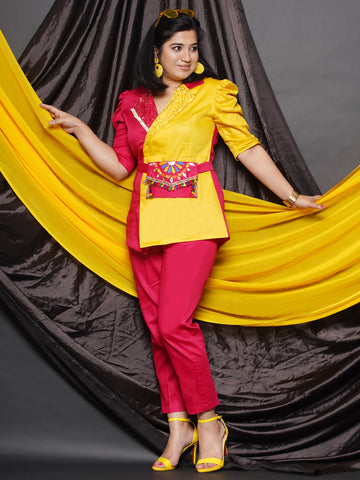 Pink and Yellow Cotton Silk Blazer Set-WRKS114