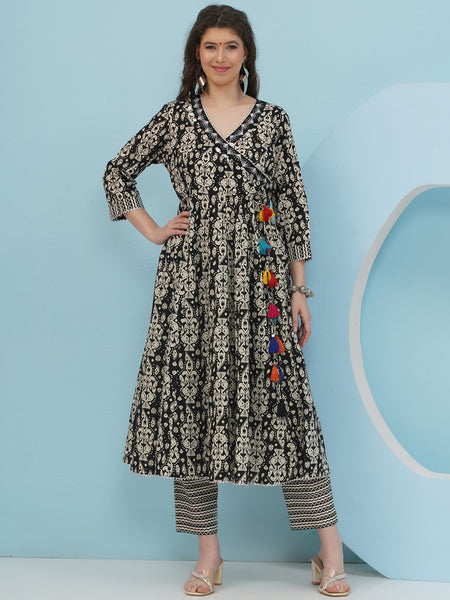 Black And White Angrakha Anarkali Cotton Suit Set-WRKS009
