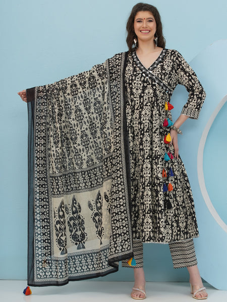 Black And White Angrakha Anarkali Cotton Suit Set-WRKS009