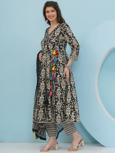 Black And White Angrakha Anarkali Cotton Suit Set-WRKS009