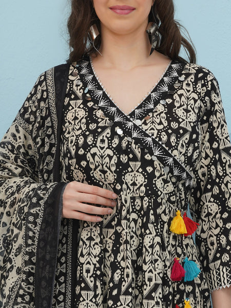 Black And White Angrakha Anarkali Cotton Suit Set-WRKS009