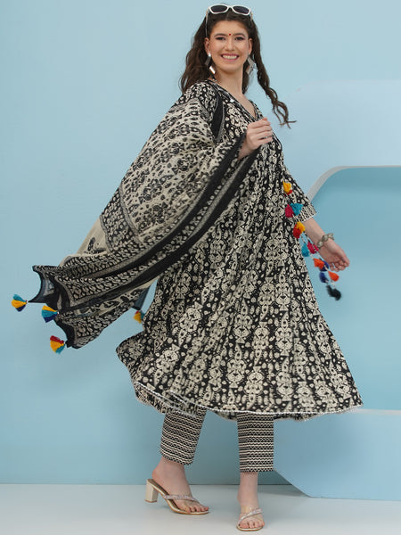 Black And White Angrakha Anarkali Cotton Suit Set-WRKS009