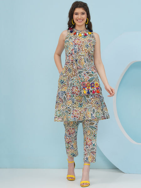 White Floral Coord Set with Sling Bag-WRKS234