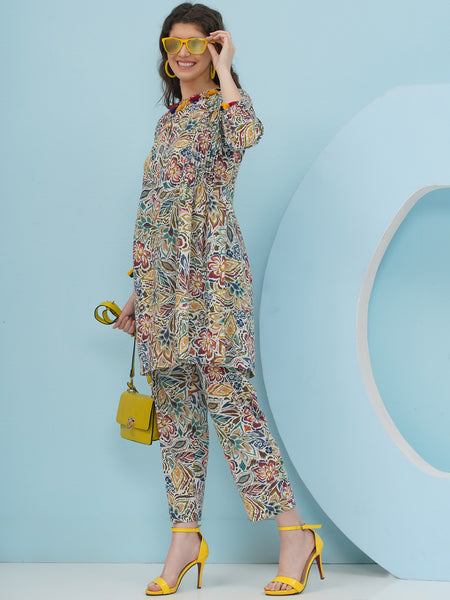 White Floral printed Coord Set-WRKS235