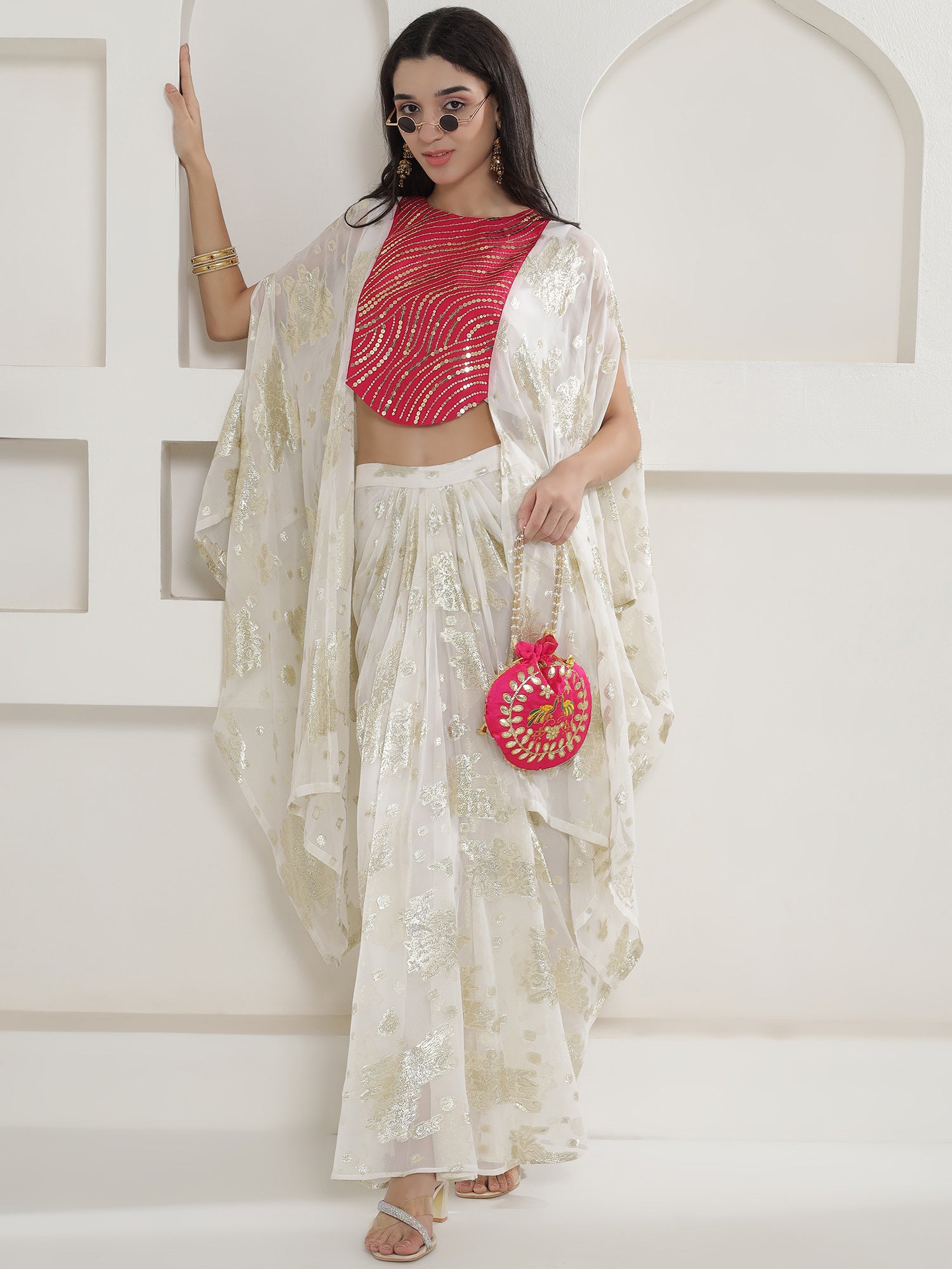 Falak Ivory Zari Ensemble – Cape & Skirt Set-WRKS250