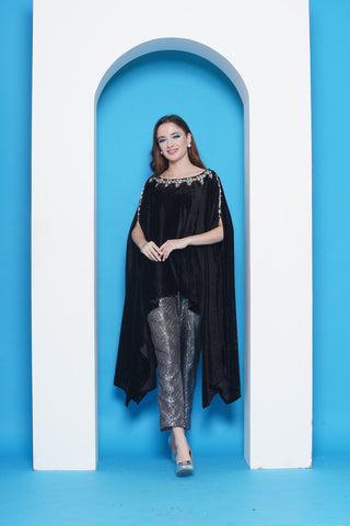 Black Velvet Hand Embellished Kaftaan with Metallic Pants-WRKS142